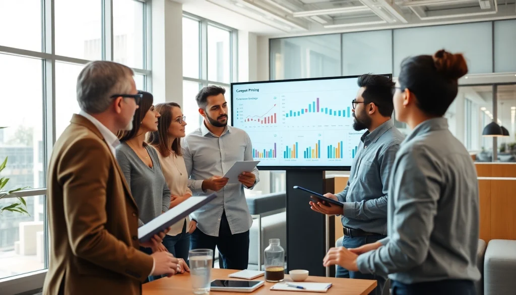 Find competitor pricing through analysis of diverse market data visuals in a modern office.