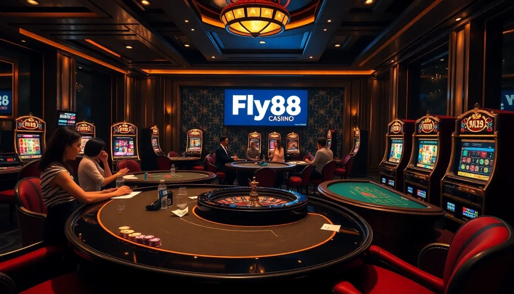 Engaging scene of FLY88 đăng nhập at a luxurious online casino with vibrant tables and players.