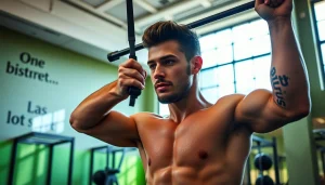 Use of resistance bands for pull-ups in a vibrant gym setting, showcasing strength and determination.