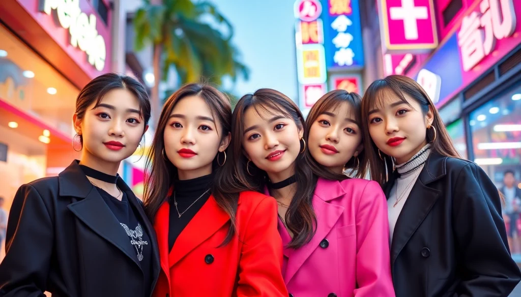 Four Blackpink members showcasing their unique styles and personalities in a vibrant urban setting.