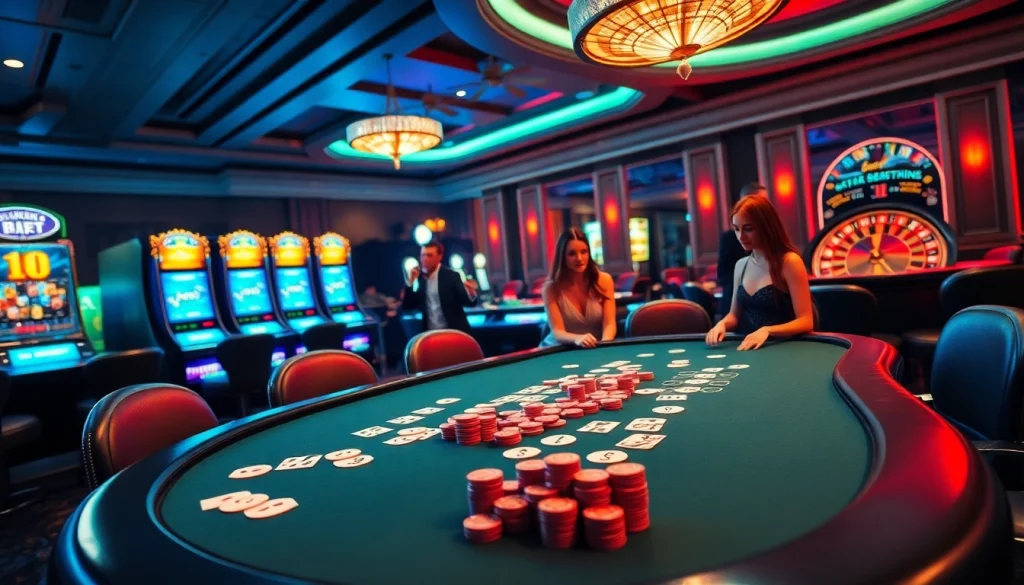 Engage with thrilling hentai game visuals at a luxurious casino setting featuring vibrant slot machines.