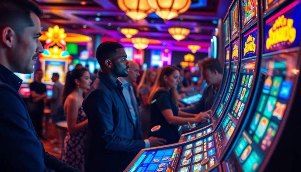 Mostbet sayt slot maşınlarında oyunçularla dolu parlaq kazino mənzərəsi.