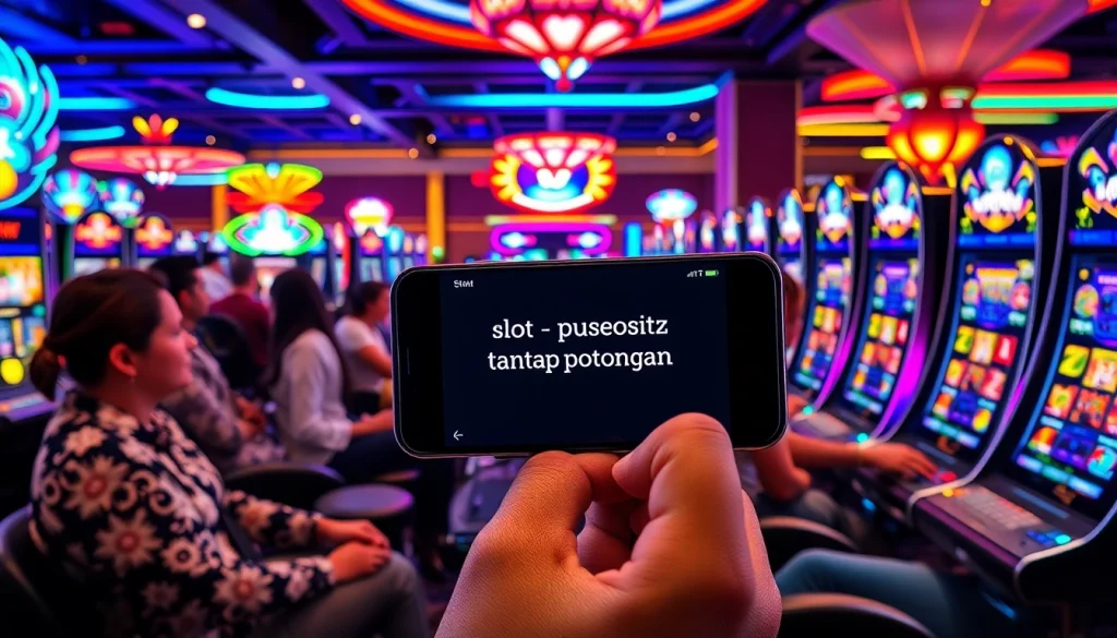 Berinteraksi dengan slot deposit pulsa tanpa potongan di kasino yang meriah, menampilkan pemain dan mesin slot.