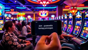 Berinteraksi dengan slot deposit pulsa tanpa potongan di kasino yang meriah, menampilkan pemain dan mesin slot.