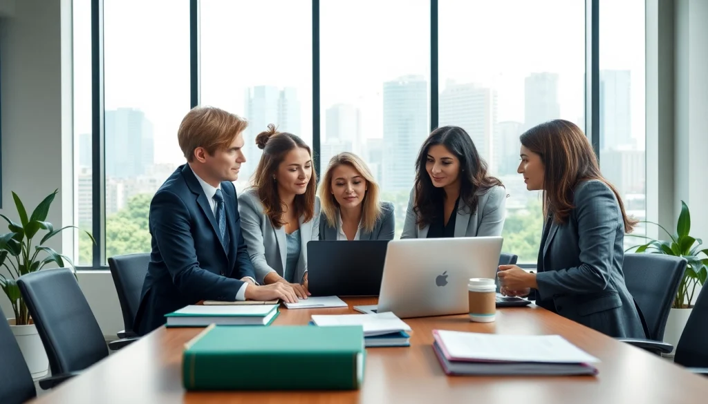 Environmental law firm team collaborating effectively in an eco-friendly office.