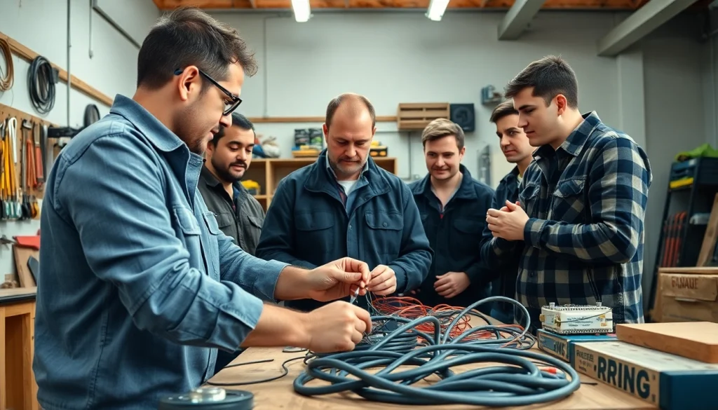 Engaged apprentices learning electrician apprenticeship Hawaii techniques in a professional workshop.