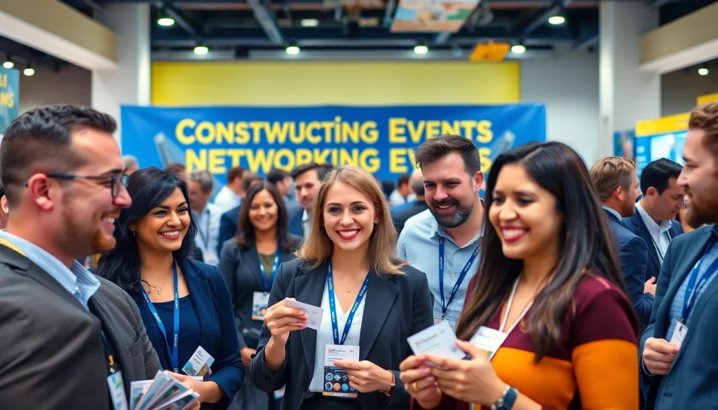 Engaged professionals at construction networking events exchanging ideas and business cards.