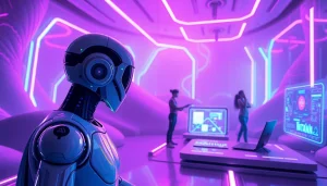 Interactive NSFW character AI interfaces depicted in a vibrant digital landscape.