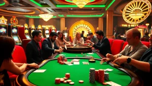 Players enjoying an exciting game at i9bet casino table with vibrant colors and lively atmosphere.