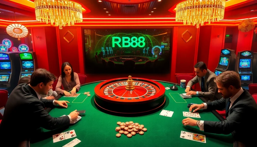 High-stakes poker action at RR88 casino with vibrant tables and luxury ambiance.