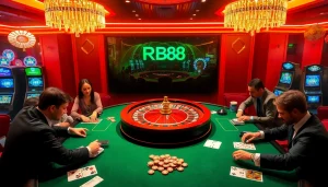 High-stakes poker action at RR88 casino with vibrant tables and luxury ambiance.