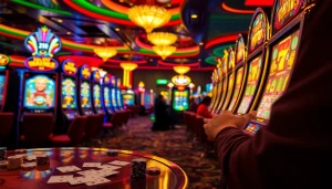 Experience the thrill of slot depo 5rb at a bustling casino with vibrant slot machines and excited players.