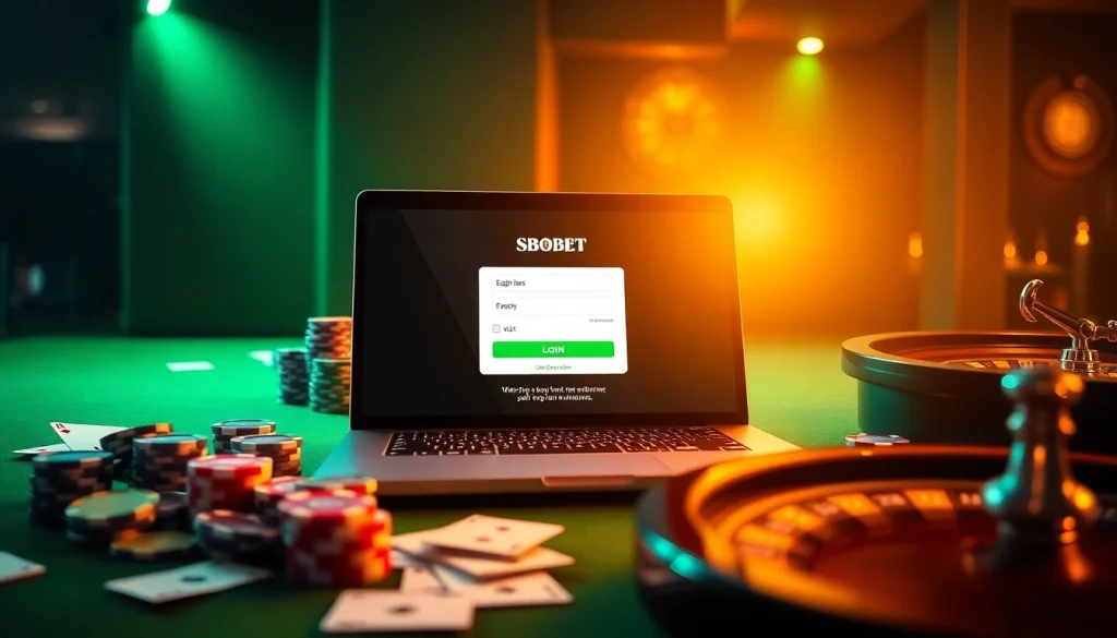 SBOBET login interface displayed elegantly among poker chips and playing cards, embodying online gambling excitement.