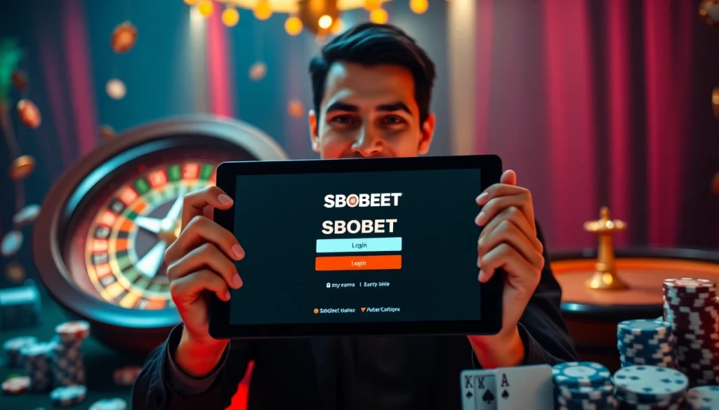 Engaging with the SBOBET login interface in a luxury casino setting, showcasing excitement.