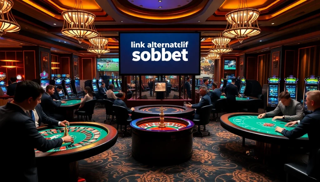 Engaging scene of gamblers enjoying a thrilling betting experience with link alternatif sbobet prominently featured.