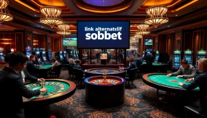 Engaging scene of gamblers enjoying a thrilling betting experience with link alternatif sbobet prominently featured.