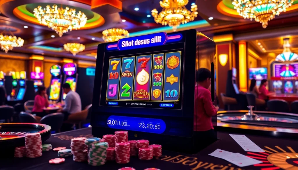 Putar gulungan slot deposit pulsa tanpa potongan dengan visual kasino yang hidup menampilkan kegembiraan dan potensi kemenangan.