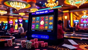 Putar gulungan slot deposit pulsa tanpa potongan dengan visual kasino yang hidup menampilkan kegembiraan dan potensi kemenangan.