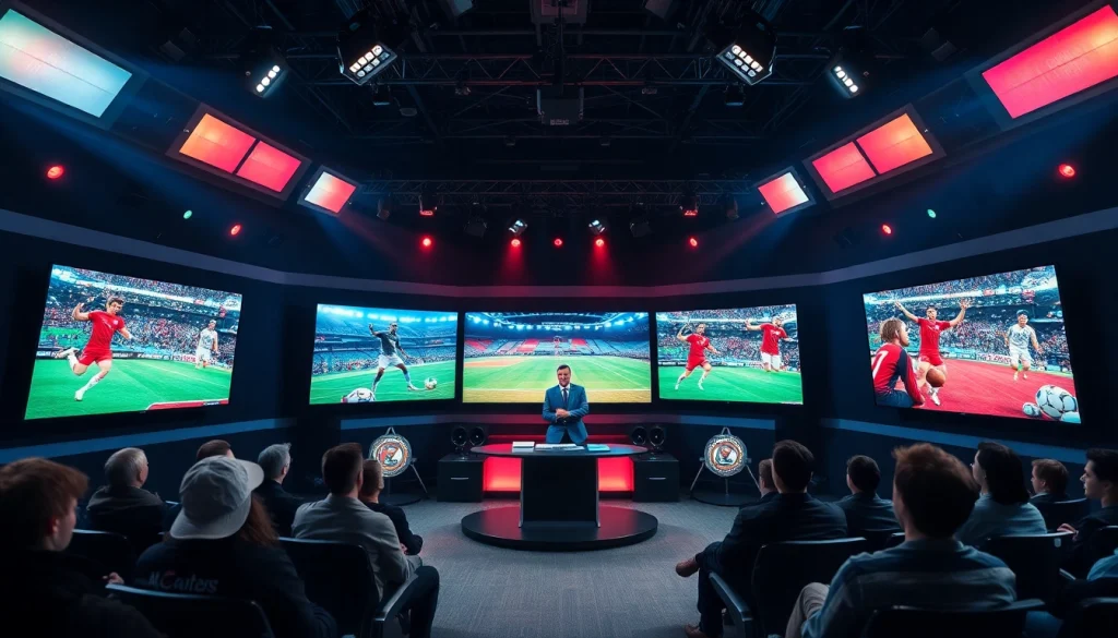 Engaging sports broadcasting studio with dynamic presenter and screens showcasing live sports events.