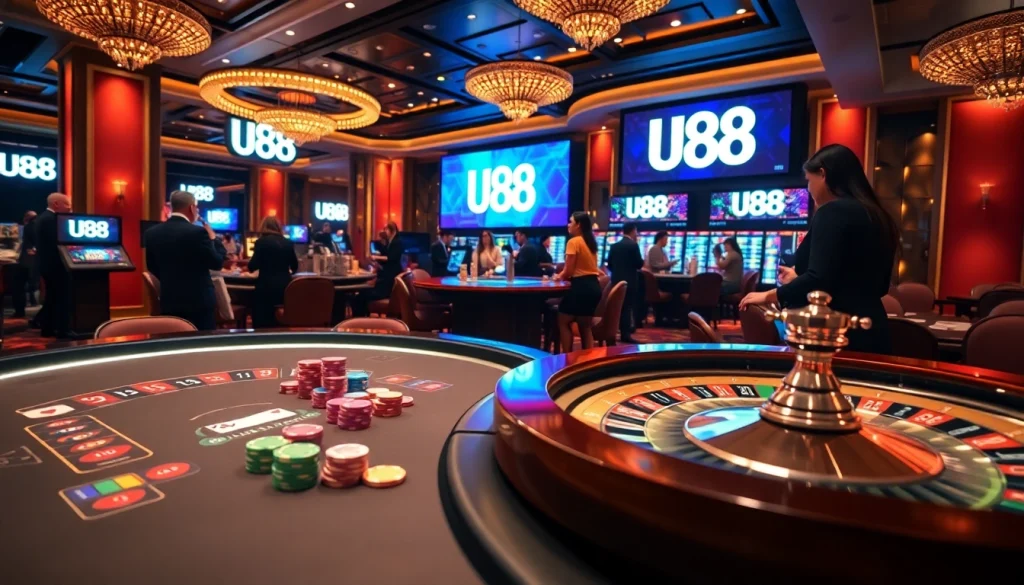 Engaging U88 poker scene with vibrant casino floor and professional dealers.