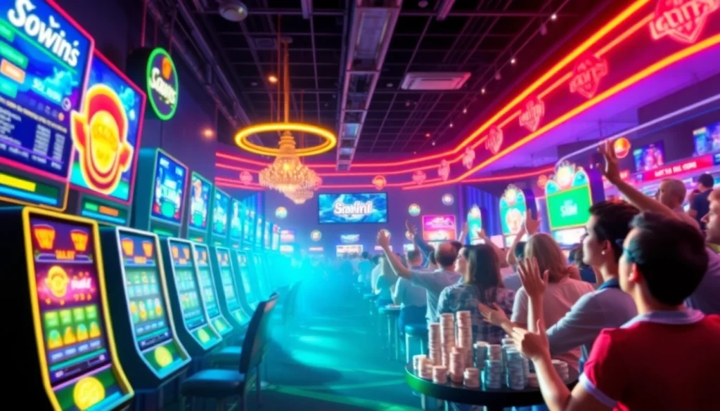 Cảnh chơi game đầy phấn khích với Saowin 84, màu sắc rực rỡ và các người chơi đang ăn mừng chiến thắng.