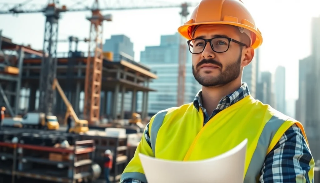 New York City Construction Manager managing a dynamic construction site with cranes and workers.