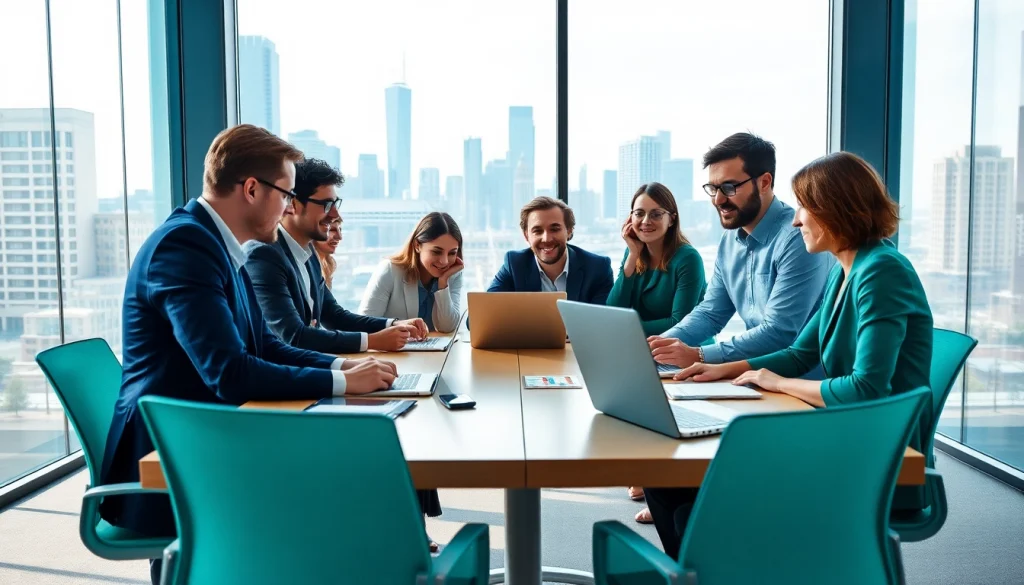 Showing the top platforms to hire sales professionals collaborating in a modern office setting.