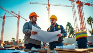 Showcasing the Southern California Contractors Association in action with diverse workers collaborating on a construction site.