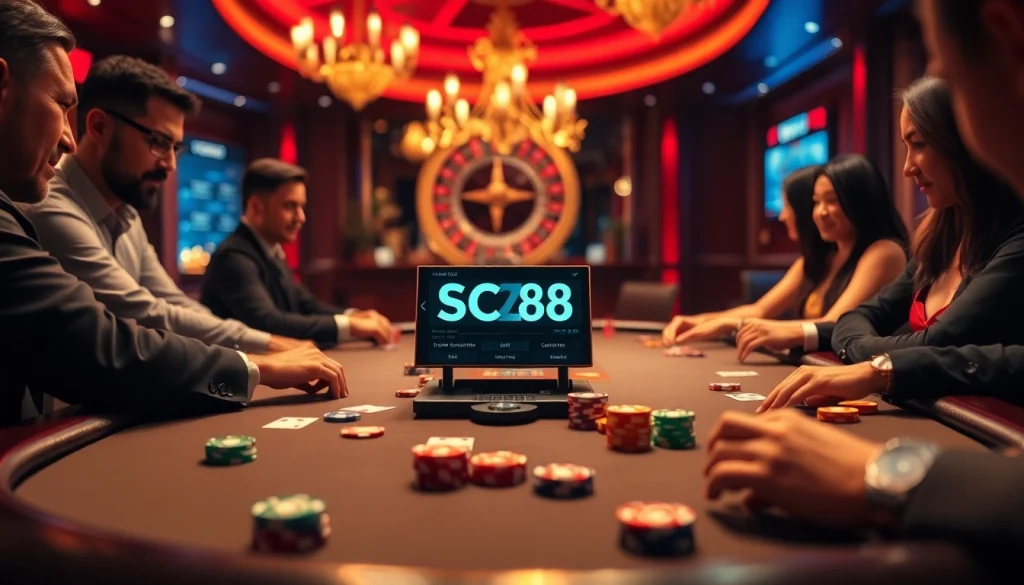 Players strategizing at a poker table featuring sc88 betting options in a luxurious casino setting.