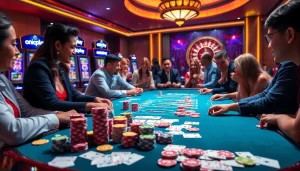Players enjoying a thrilling card game at a luxurious onicplay casino table.