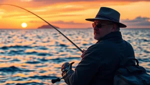 Angler practicing saltwater fly fishing at sunset, showcasing calm ocean and fishing gear.