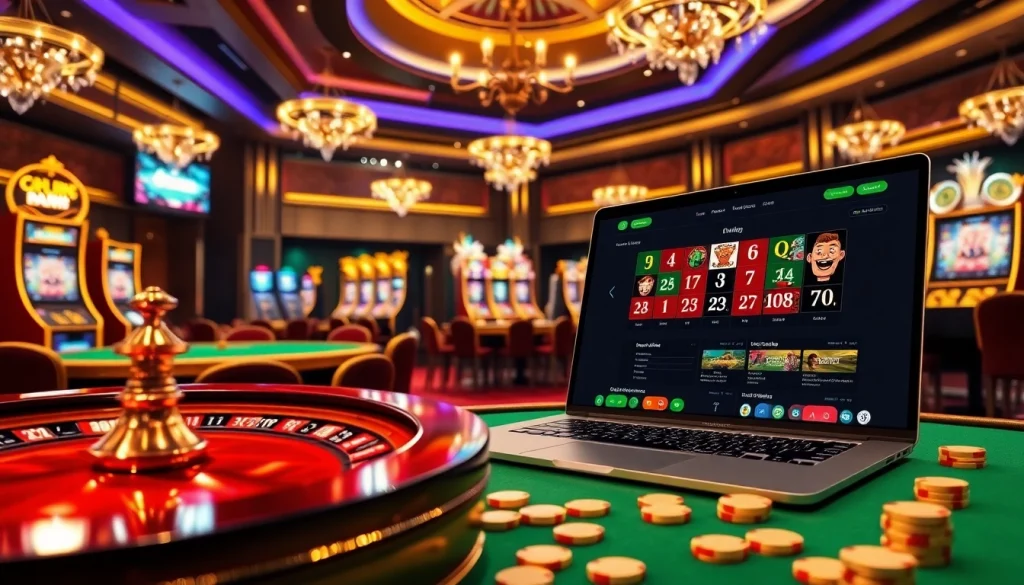 Engage with Onicplay casino scene showcasing vibrant slot machines, poker chips, and roulette wheel.