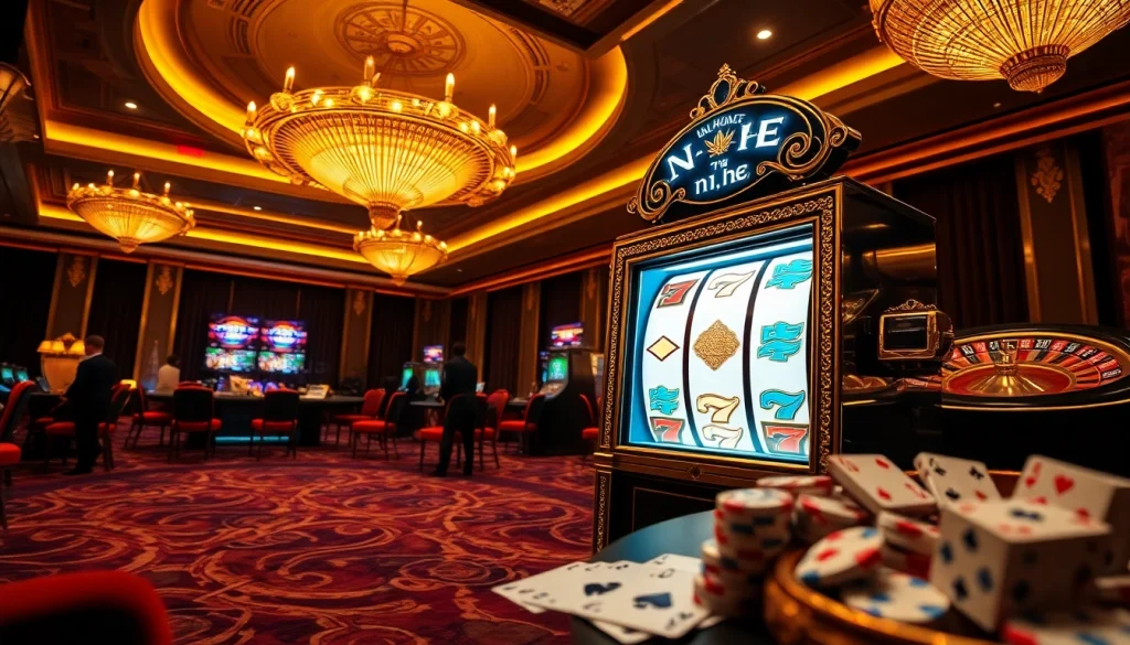Experience the thrill of nổ hũ at an elegant casino, featuring vibrant slot machines and excited players.