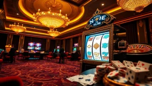 Experience the thrill of nổ hũ at an elegant casino, featuring vibrant slot machines and excited players.