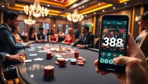 Engaging poker players at a luxurious casino table featuring 388bet elements.
