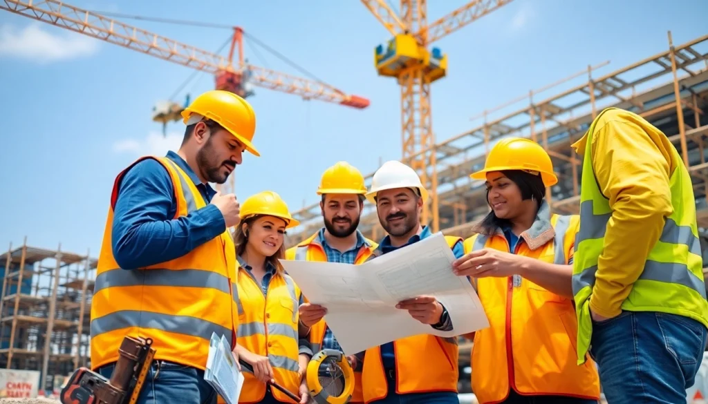 Construction career teamwork with diverse professionals collaborating at a job site.