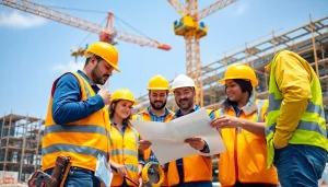 Construction career teamwork with diverse professionals collaborating at a job site.