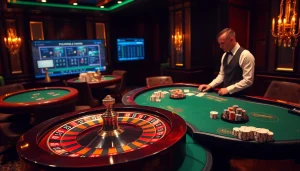 Un jeu à enjeux élevés dans un casino en ligne Français luxueux, mettant en avant une roue de roulette, des jetons de poker et des tables vibrantes.