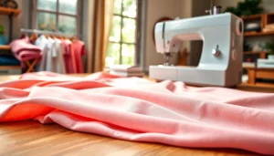 Stof voor blouse op een tafel met naaimachine en kleurrijke stoffen.