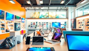 Sprawdź ceny elektroniki w nowoczesnym otoczeniu sklepu fotograficznego pełnego urządzeń.