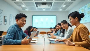 Youdao translation tool in a modern learning environment, showcasing students engaged with digital devices.