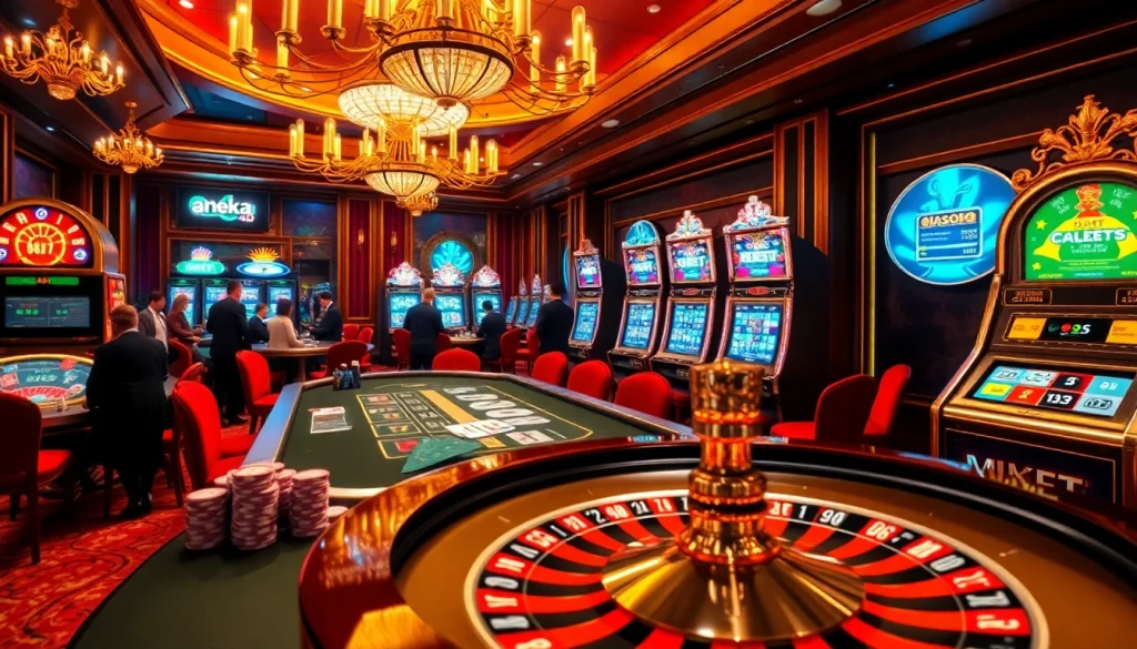 Pemain Aneka4D merayakan momen kemenangan di meja kasino mewah dengan mesin slot yang berwarna-warni.