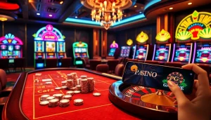 Gambling scene featuring pg soft games on a luxurious casino table with vibrant slot machines.