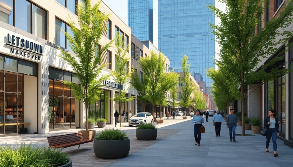North Main Makeover showcasing a vibrant and modern urban street scene with greenery and inviting storefronts.