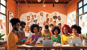 A vibrant animation studio bustling with artists creating African American cartoons, showcasing diversity and creativity.
