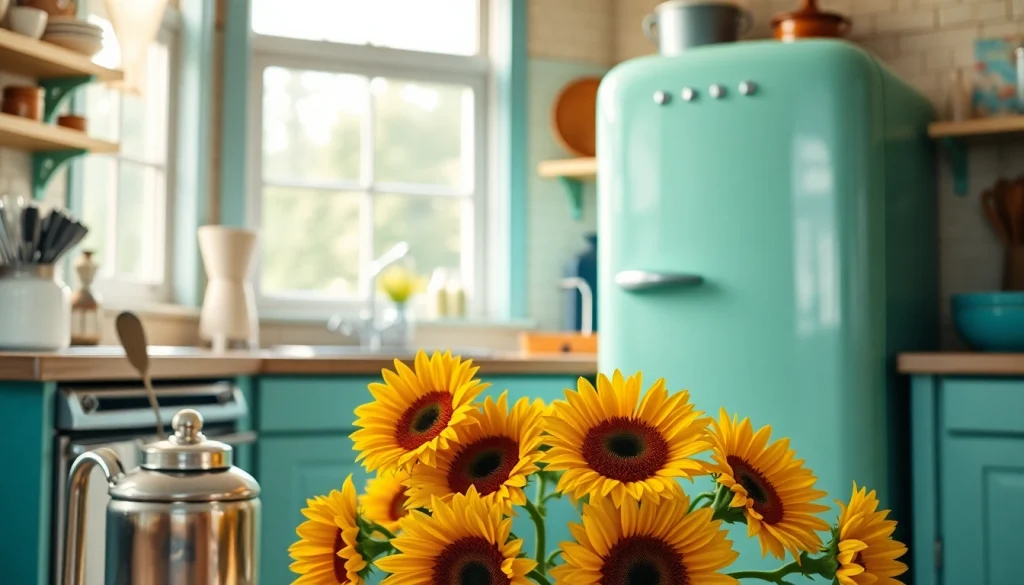 Showcase a stylish retro appliance in a vintage kitchen with bright details.