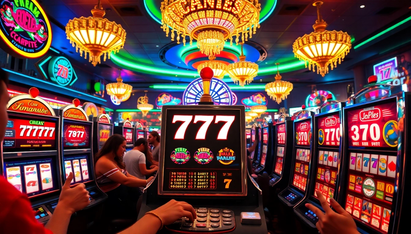 Slot 777 membuat pemain bersemangat saat menarik tuas mesin, memancarkan suasana kasino yang meriah.