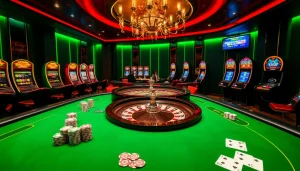 Découvrez un gameplay passionnant dans un cadre luxueux avec le casino en ligne Français, mettant en vedette des jetons de poker et une roue de roulette.