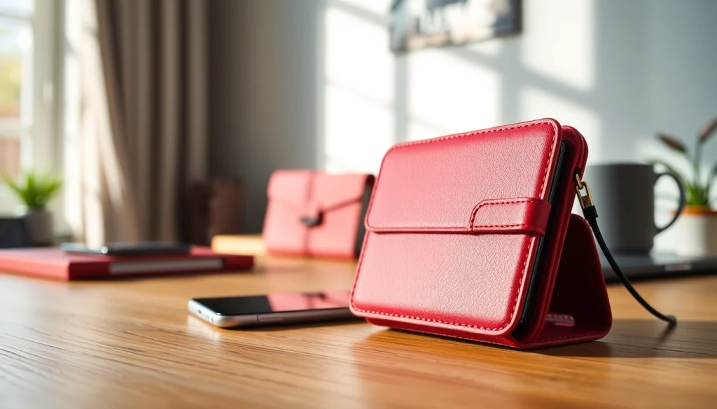 Handytasche Magnetverschluss auf einem eleganten Holzschreibtisch präsentiert