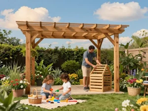 Family enjoying time under a custom pergola configurator during sunny day in a vibrant garden.